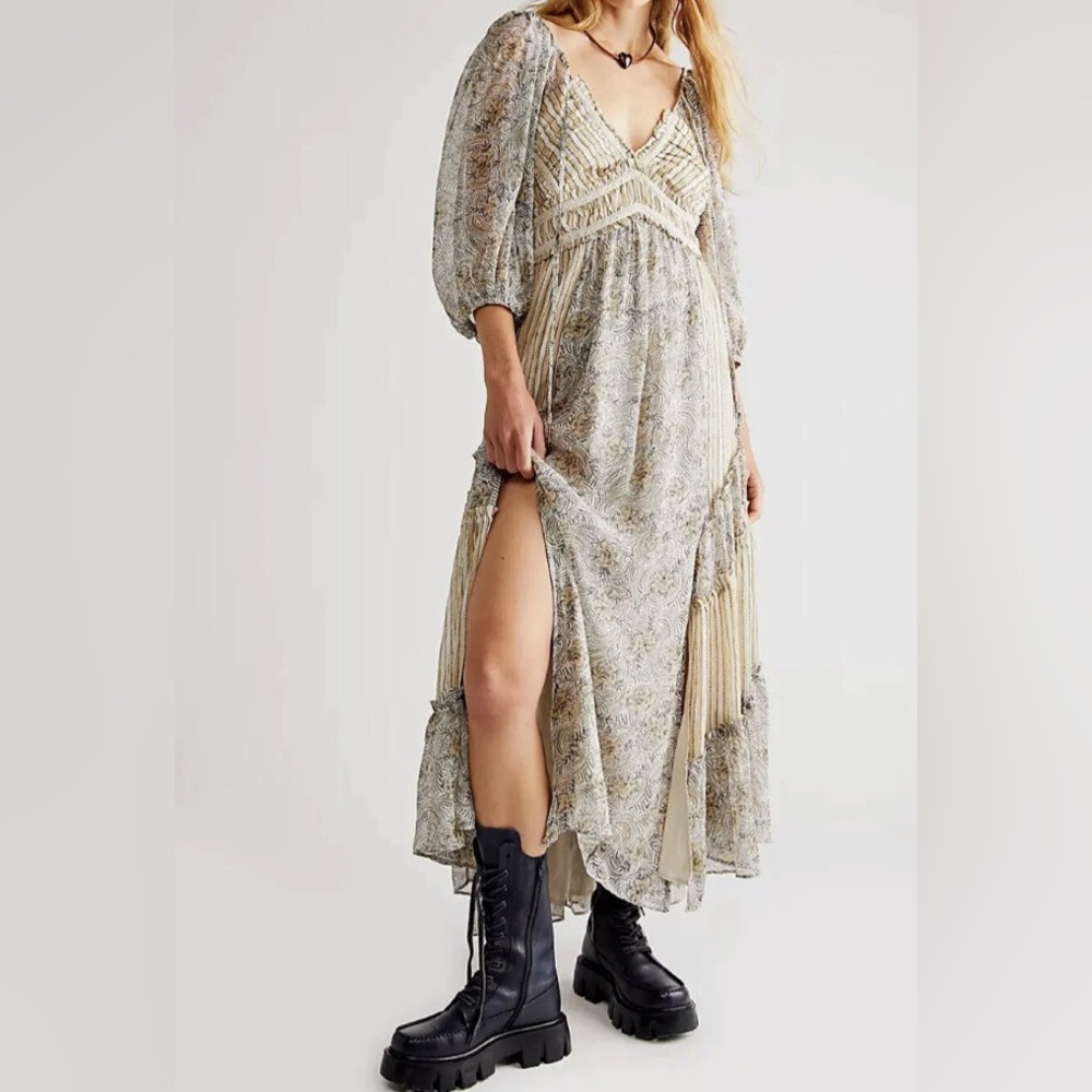 Free People Floral Maxi Dress - Cream and Gray